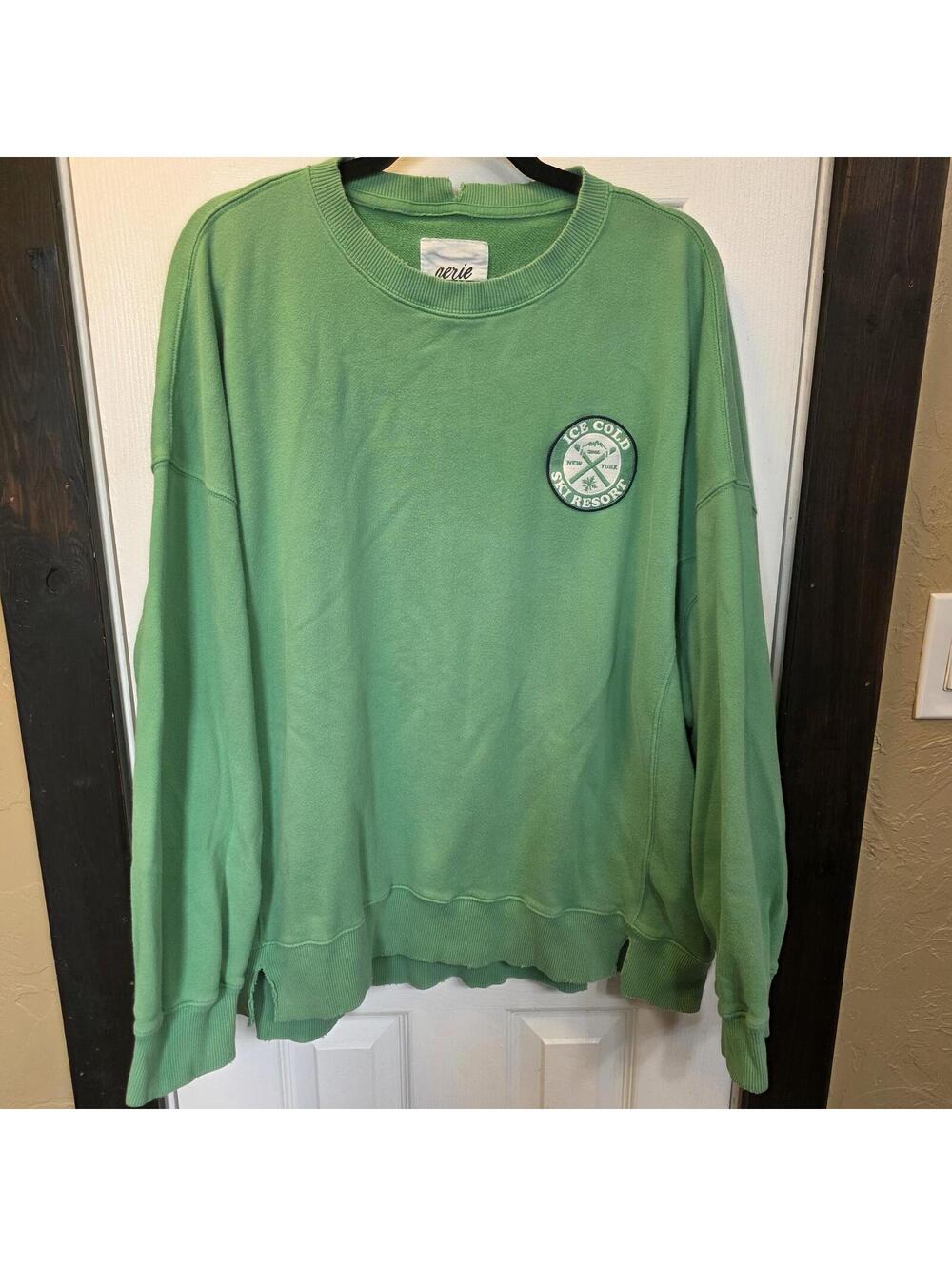 Aerie Oversized Distressed Green Crewneck with Ice Cold Ski Resort Patch- XL